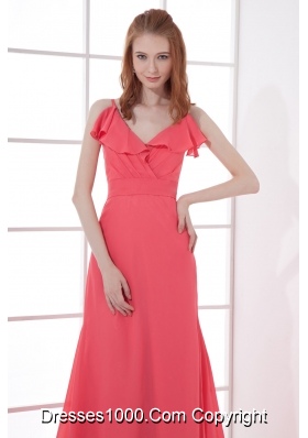 Watermelon Red Empire V-neck Court Train Ruching Prom Dress