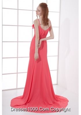 Watermelon Red Empire V-neck Court Train Ruching Prom Dress