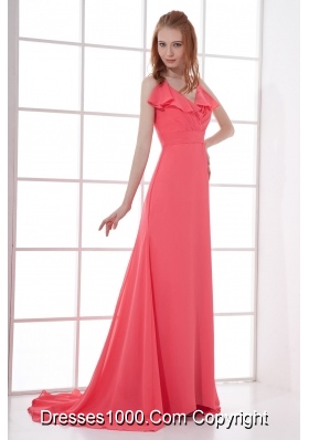 Watermelon Red Empire V-neck Court Train Ruching Prom Dress