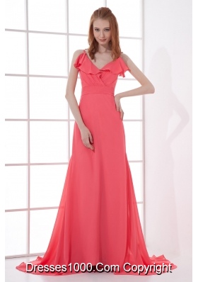 Watermelon Red Empire V-neck Court Train Ruching Prom Dress