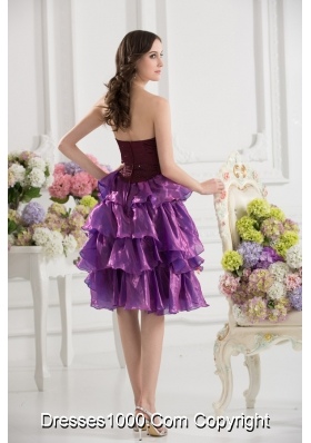 A-line Strapless Organza Beading Ruffled Layers Dark Viole Prom Dress