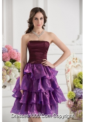 A-line Strapless Organza Beading Ruffled Layers Dark Viole Prom Dress