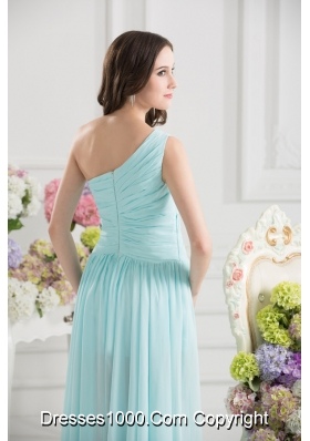 Aqua Blue One Shoulder Ruching Ankle-length Prom Dress