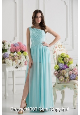 Aqua Blue One Shoulder Ruching Ankle-length Prom Dress