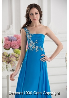 Empire One Shoulder Chiffon Appliques Ruching Dodger Blue Prom Dress