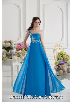 Empire One Shoulder Chiffon Appliques Ruching Dodger Blue Prom Dress