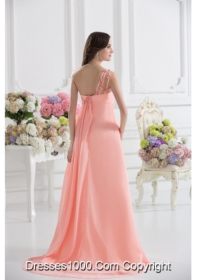 Peach Empire Brush Train Prom Dress with Ruching and Appliques