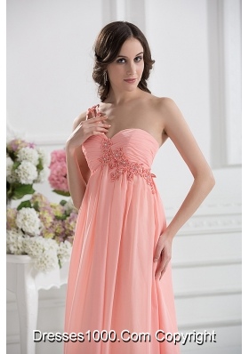 Peach Empire Brush Train Prom Dress with Ruching and Appliques