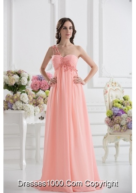 Peach Empire Brush Train Prom Dress with Ruching and Appliques