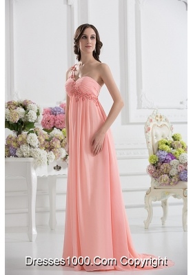 Peach Empire Brush Train Prom Dress with Ruching and Appliques