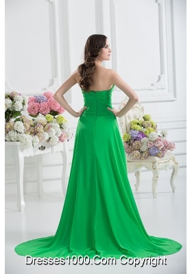 Sweetheart High Slit Beading Spring Green Prom Dress with Ruching