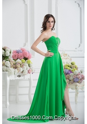 Sweetheart High Slit Beading Spring Green Prom Dress with Ruching