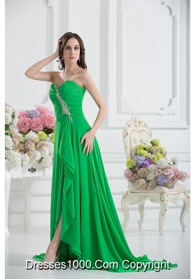 Sweetheart High Slit Beading Spring Green Prom Dress with Ruching