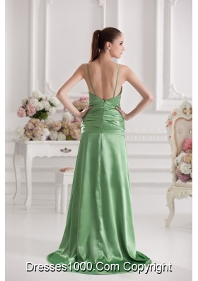 Column Spaghetti Straps Floor-length Ruching Taffeta Green Prom Dress