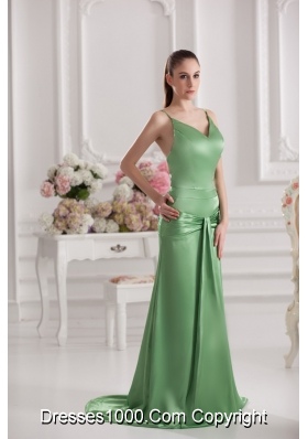 Column Spaghetti Straps Floor-length Ruching Taffeta Green Prom Dress