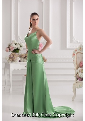 Column Spaghetti Straps Floor-length Ruching Taffeta Green Prom Dress