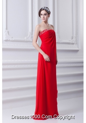 Empire Red Strapless Beading Chiffon Watteau Train Prom Dress