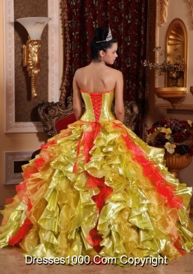 2014 Ball Gown Strapless Rufles Organza Embroidery Gold Cheap Quinceanera Dress