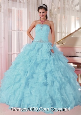 2014 Low Price puffy Light Blue Discount Quinceanera Dress with Beading and Ruffles