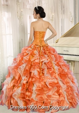 Beaded and Ruffles Custom Made For 2013 Orange Sweetheart Cheap Quinceanera Dress