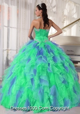 Green and Blue Sweetehart Ruffles and Appliques Discount Quinceanera Dress