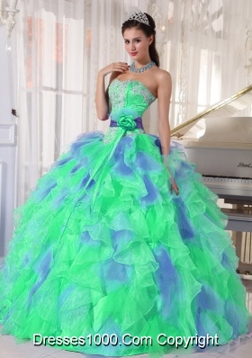 Green and Blue Sweetehart Ruffles and Appliques Discount Quinceanera Dress