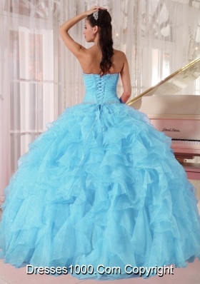 Light Blue Ball Gown Strapless Ruffles Organza Beading Cheap Quinceanera Dress