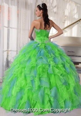 Spring Green and Blue Organza Appliques and Ruffles 2013 Quinceanera Dress