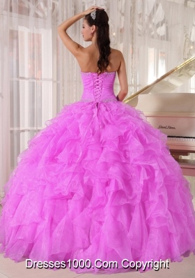 Sweet Ball Gown Strapless Ruffles Organza Beading Fuchsia 2013 Quinceanera Dress