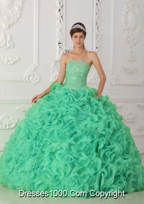 Turquoise Strapless Organza Designer Quinceanera Dress with Beading