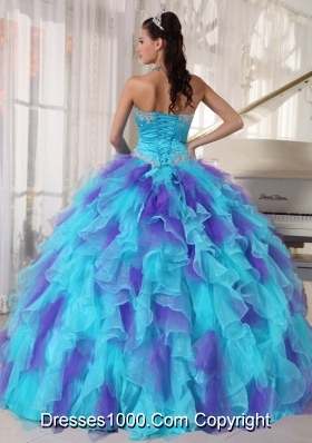 Aqua and Purple Organza Appliques Decorate Quinceanera Dress 2014