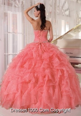 Ball Gown Strapless Floor-length Organza Beading Most Popular Quinceanera Dress with Watermelon Red