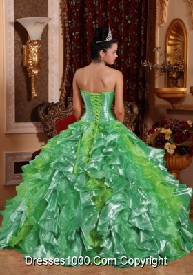 Ball Gown Strapless Green Ruffles Embroidery Most Popular Quinceanera Dress