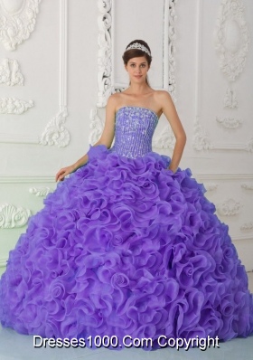 Ball Gown Strapless Organza Purple Sweet Fifteen Dress with Beading and Ruffles