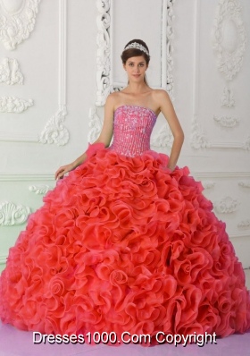 Ball Gown Strapless Red Quinceanera Dress 2014 with Beading and Ruffles