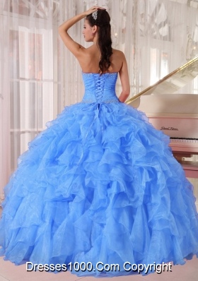 Ball Gown Strapless Ruffles and Beading Floor-length Organza Beading Blue New Style Quinceanera Dress