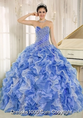 Beaded Bodice and Ruffles Custom Made Blue and White Multi-Colored Quinceanera Dress
