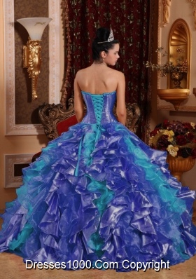 Cheap Ball Gown Blue Quinceanera Dress 2014 with Strapless Floor-length Organza Embroidery