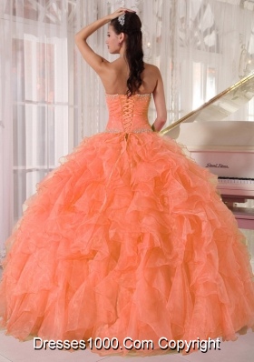 Lovely Orange Ball Gown Strapless Organza Quinceanera Dress 2014 with Beading and Ruffles