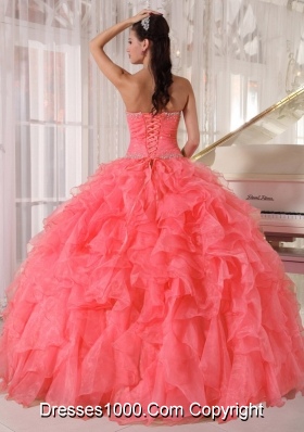 Popular Strapless Watermelon Red Ruffles Beading Sweet Fifteen Dress for 2014