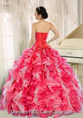 Red and White New Style Quinceanera Dress with Beading and Ruffles for Custom Made