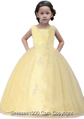 Light Yelloow Appliques Scoop Organza Little Girl Pageant Dresses for 2014