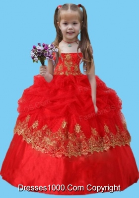 Strapless Lace Appliques Long Little Girl Pageant Dress in Red