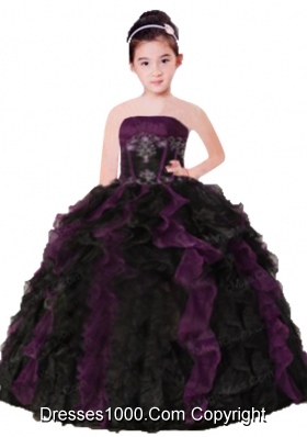 Purple and Black Strapless Appliques and Ruffles Organza Little Girl Pageant Dress