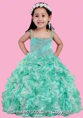 Spaghetti Straps Ruffles and Beading Little Girl Pageant Dress in Turquoise