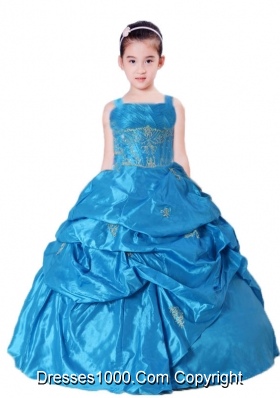 Blue Straps Little Girl Pageant Dress with Appliques and Pick-ups
