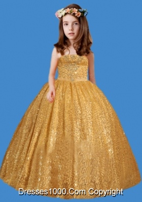 Gold Strapless Sequins Appliques Long 2014 New Little Girl Pageant Dress