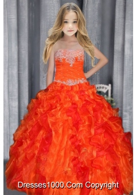 Ball Gown Strapless Appliques Orange Red Little Girl Pageant Dress with Ruffles