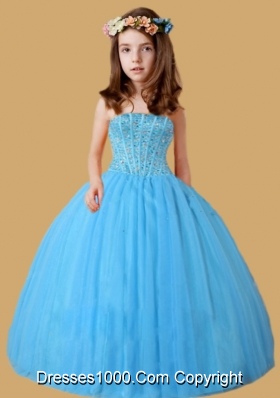 Blue Ball Gown Ruching Beading Little Girl Pageant Dress