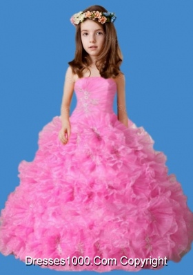 Strapless Ruffles and Appliques Little Girl Pageant Dress in Rose Pink